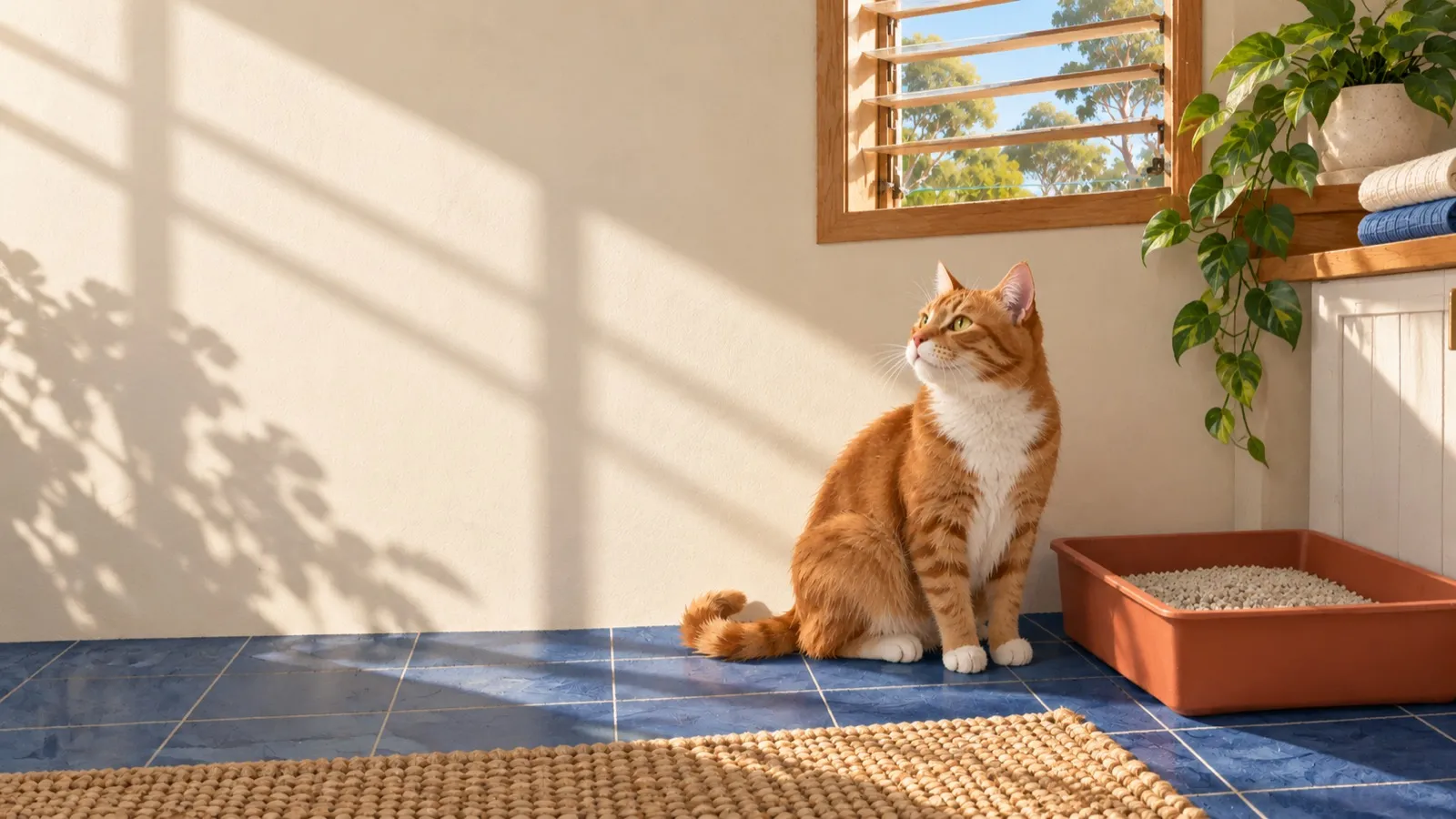 AI-generated photograph of a ginger cat beside an open tray in a sunny Australian laundry.